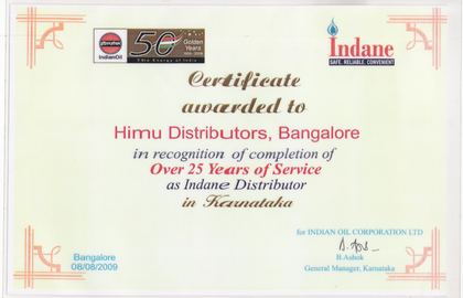 25 Years of Service 2009 – IndianOil certificate for Himu Distributors