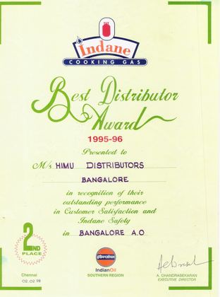 Best Distributor Award – 2nd place, Bangalore Area Office 1995–96 – IndianOil certificate for Himu Distributors