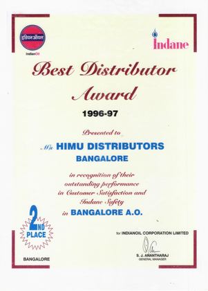 Best Distributor Award – 2nd place, Bangalore Area Office 1996–97 – IndianOil certificate for Himu Distributors