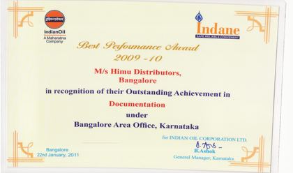 Best Performance Award, Bangalore Area Office 2009–10 – IndianOil certificate for Himu Distributors